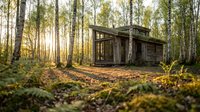 Abandoned wooden house surrounded by birch forest with golden sunlight filtering through trees, overgrown with moss and fallen leaves, suitable for editorial, environmental storytelling, and atmospheric design projects.