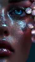 Close-up of dark skin with turquoise glitter makeup, bright blue-green eye, and delicate pink flowers creating magical beauty look for cosmetic advertising.