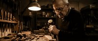 Elderly craftsman working with traditional woodworking tools in dimly lit workshop, focused on detailed carving project with vintage atmosphere.