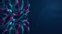 Futuristic circuit board with glowing neon lines in cyan and magenta colors on dark blue background for technology and digital innovation concepts.