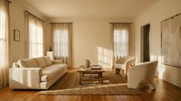 Modern minimalist living room interior with beige sofa, wooden coffee table, natural lighting through sheer curtains, neutral color palette for home decor.