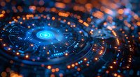 Glowing blue circular technology pattern with radial light trails and bokeh effects against dark background, futuristic digital interface design concept.