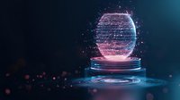 Glowing pink sphere with digital particles and light trails floating above futuristic platform against dark background, creating magical sci-fi atmosphere.