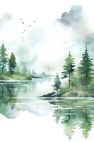 Serene watercolor landscape with pine trees reflecting in calm lake waters, misty morning atmosphere with flying birds and soft green forest silhouettes.