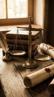 Vintage brass scales of justice on wooden desk with old law books, quill pen and scroll in warm sunlight for legal office decor and attorney services.