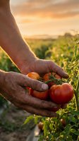 Farmer hands holding fresh ripe tomatoes at sunset in organic garden. Agricultural harvest concept for healthy eating and sustainable farming practices.