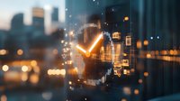 Glowing checkmark symbol over blurred urban cityscape with digital overlay elements and bokeh lights creates modern business verification concept.