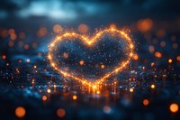 Glowing heart shape formed by magical light particles and sparkles against dark blue background with bokeh effect, creating romantic atmosphere.