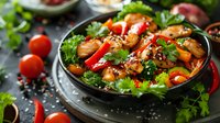Fresh stir-fried shrimp with colorful bell peppers, sesame seeds and herbs served in black bowl on dark background. Asian cuisine meal with vegetables.