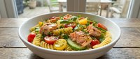 Fresh pasta salad with grilled salmon, cherry tomatoes, cucumber and herbs in white bowl on wooden table. Healthy Mediterranean meal for lunch or dinner.
