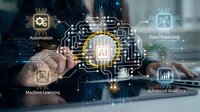 Business professional touching AI brain interface with digital circuit connections showing automation, machine learning, data processing and analytics icons.