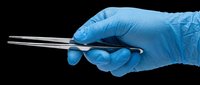 Hand in blue medical glove holding surgical tweezers, isolated on transparent background. Ready for healthcare clipart, print on demand, stickers, and t-shirt design use.
