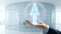 Businessman hand presenting glowing holographic human body with digital network connections in modern office environment for healthcare technology concepts.