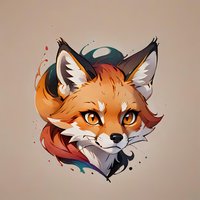 Artistic fox head portrait with vibrant orange fur and expressive amber eyes against neutral background, decorated with dynamic paint splashes and abstract elements.