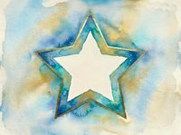 Watercolor star frame with blue and gold paint splashes on textured paper background for creative design projects and artistic decorations.