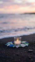 Glowing candle surrounded by colorful sea glass on beach sand at sunset with soft ocean waves and pastel sky creating peaceful meditation atmosphere.