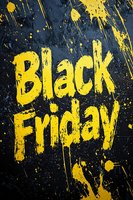 Yellow grunge text Black Friday on dark background with paint splatters and drips. Dynamic promotional design for seasonal sales and discounts.