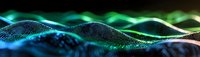 Abstract digital wave pattern with glowing turquoise and blue particles forming flowing curves against dark background, modern technology visualization concept.