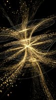 Abstract golden light rays and particles burst outward from center point against black background, creating dynamic energy effect suitable for technology, innovation, and corporate design projects.