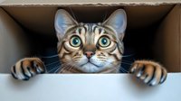 Adorable tabby cat with bright blue eyes peeking out from cardboard box with paws hanging over edge. Perfect for pet adoption campaigns and moving concepts.