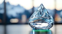 Crystal clear water drop shaped like mountain peak reflects light and creates abstract patterns on blurred urban background. Macro photography shows liquid purity.