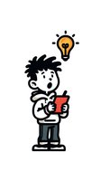 Cartoon character with surprised expression looking at red smartphone with lightbulb above head representing new idea or discovery on white background.