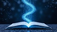 Open book with glowing blue digital data stream rising from pages creating futuristic knowledge transfer concept for education technology applications.