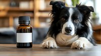Border collie dog with medicine bottle on wooden table in veterinary clinic or home setting for pet health care.