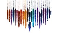 Colorful hanging feathers in boho style arranged in curved line with beads and dots on white background, native american inspired decorative elements.