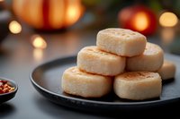 Fresh homemade scones stacked on dark plate with warm autumn decorations and bokeh lights in background, selective focus on pastries creates cozy atmosphere.
