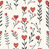Romantic seamless pattern with hand-drawn coral heart-shaped flowers and black stems on white background, perfect for Valentine's Day designs, wedding stationery, and fabric prints.
