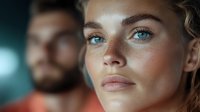 Young Caucasian woman with bright blue eyes, glowing natural makeup and freckles in close-up portrait. Blurred bearded man silhouette in background creates depth.