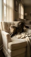 Fluffy tabby cat yawning on a cozy beige armchair with a knit blanket, bathed in warm natural window light in a stylish living room.