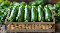 Fresh green zucchini squash arranged in wooden basket, raw organic vegetables from local farm harvest showing natural texture and shine.