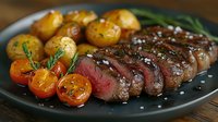 Juicy sliced medium rare beef steak with roasted baby potatoes, cherry tomatoes and fresh herbs served on dark plate, close up view on wooden table.