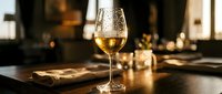 Glass of white wine on wooden table with warm fireplace glow in cozy restaurant setting for dining and hospitality concepts.