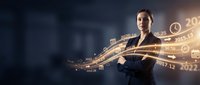 Businesswoman in dark suit gesturing at glowing financial data stream with numbers and charts, representing growth, analytics, and digital commerce for corporate presentations.