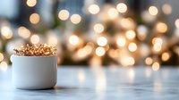 White ceramic bowl filled with golden metallic decorative elements on marble surface against soft blurred bokeh lights creating magical festive atmosphere.