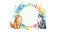 Two adorable cats sitting beside colorful watercolor splash circle frame on white background, isolated for creative design projects.