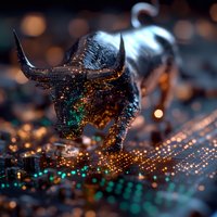 Bull figure on circuit board with glowing orange and teal elements against dark background, representing financial technology and stock market trends.