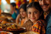Young Hispanic girl in traditional dress smiling warmly at family dinner celebration with colorful food and festive atmosphere, expressing joy and cultural heritage.
