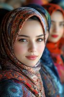 Young Middle Eastern woman wearing colorful patterned hijab with paisley design, soft natural makeup and gentle smile, another woman blurred in background.