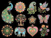 Ornamental peacock, mandala flower, paisley motif, hummingbird, butterfly, decorative tree, elephant, heart design, and floral elements isolated on transparent background. Ready for t-shirts, clipart, stickers, sublimation, and print-on-demand projects.