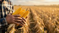 Farmer holding fresh corn cobs in hands standing in golden harvest field during autumn season for agricultural and farming industry use.
