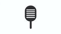 Simple black microphone icon with horizontal lines on rounded head and straight handle, isolated on white background for logos, apps and web design.