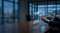 Businessman in dark suit analyzing financial data hologram with charts and graphs on modern office table with city skyline view through windows.