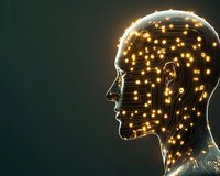 Glowing circuit pattern forming human head profile with illuminated neural network nodes against dark background, representing artificial intelligence technology.