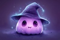 Cute magical purple pumpkin wearing witch hat with sparkles and glowing effects on dark background, kawaii style character for Halloween season decoration.