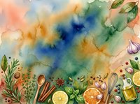 Watercolor cooking background with fresh ingredients, herbs, spices, citrus slices, and kitchen utensils arranged on bottom border with soft blended colors.