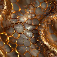 Glowing golden honeycomb molecular structure with hexagonal mesh pattern creates futuristic scientific background with depth and metallic sheen.